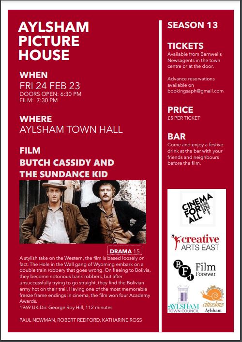 Our last film of the season is the classic Western 'Butch Cassidy and the Sundance Kid' on Friday 24th February. Details: aylshampicturehouse.com/our-current-se… Tickets are on sale now from Barnwells in Aylsham Market Place or you can reserve your tickets by emailing bookingsaph@gmail.com