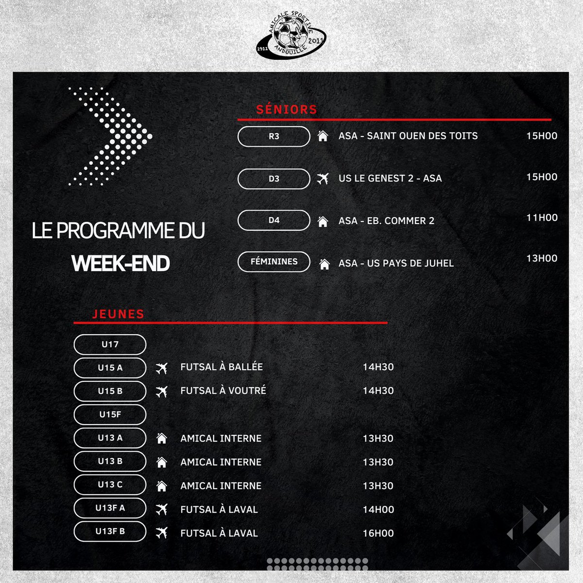 📅 𝐂𝐚𝐥𝐞𝐧𝐝𝐫𝐢𝐞𝐫 𝐝𝐮 𝐰𝐞𝐞𝐤-𝐞𝐧𝐝

Les matchs sont de retour pour l’ensemble de nos équipes séniors ce week-end après une longue trêve hivernale.

⚠️Attention ! Les horaires des matchs des C et féminines sont encore modulable.
Bonne reprise à tous ⚽️