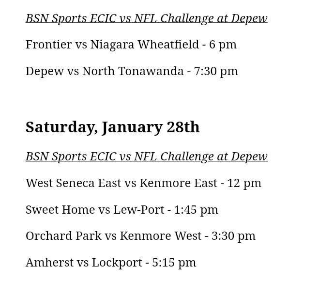 DepewBasketball's tweet photo. Depew boys host the BSN Sports ECIC vs NFL Challenge this weekend. 6 games in 2 days.  
@FrontierAthlete
@NWFalconsHoops
@NTLumberyard
@KW_Basketball
@WSEBasketball @KenEastHoops @SweetHomeHoops @LewPortBball @OPVarsityBBall @ACHSTigersBball @lockport
@WNYAthletics @wnyhoopmania https://t.co/zP5PRdesum