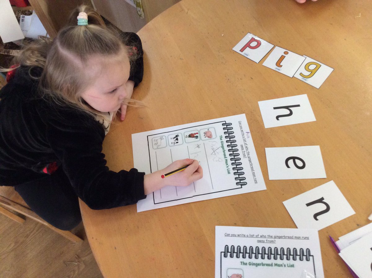EgremontEYFS's tweet photo. We have loved getting involved in some writing today! We used our phonics knowledge to help us write some of the animals that the gingerbread man runs away from in the story! #readwriteinc #soundingout #pencilcontrol https://t.co/zFOojJrMsf