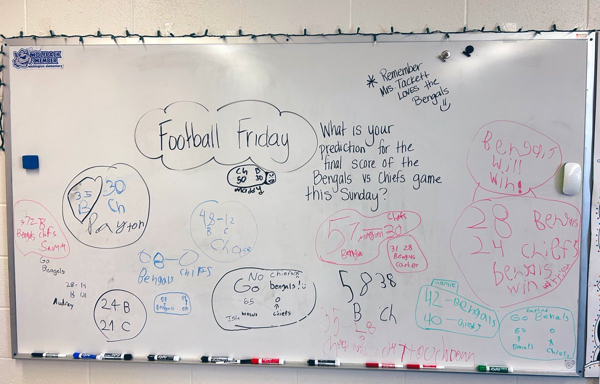 Mrs_Tackett's tweet photo. This morning’s #whiteboardmessage has us ready for the game this weekend! 🏈 The majority of the class is predicting a @Bengals victory! #WhoDey @HilliardWolves https://t.co/5GdpwOqgQg