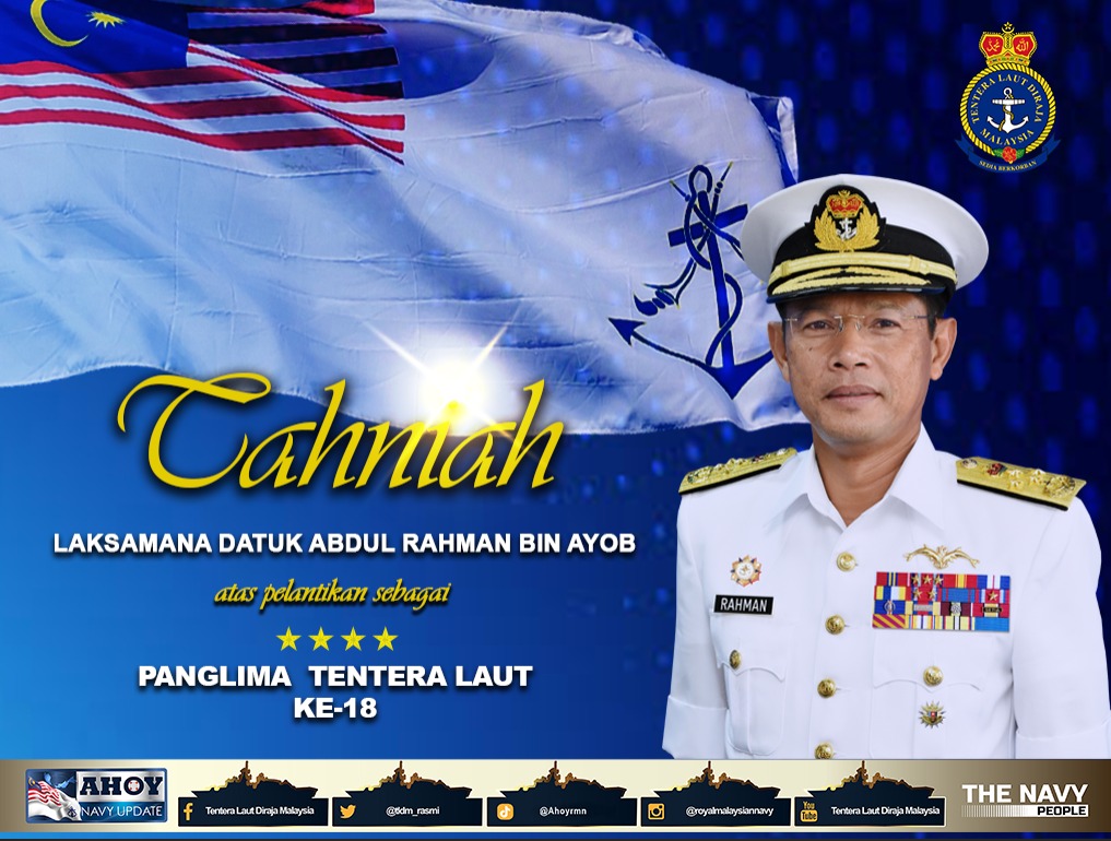 tldm_rasmi's tweet photo. Seluruh warga Navy People mengucapkan setinggi tahniah kepada Laksamana Datuk Abdul Rahman bin Ayob atas pelantikan sebagai Panglima Tentera Laut ke-18.
Tahniah Datuk.

#NavyPeople https://t.co/Wb1TJKn8rV