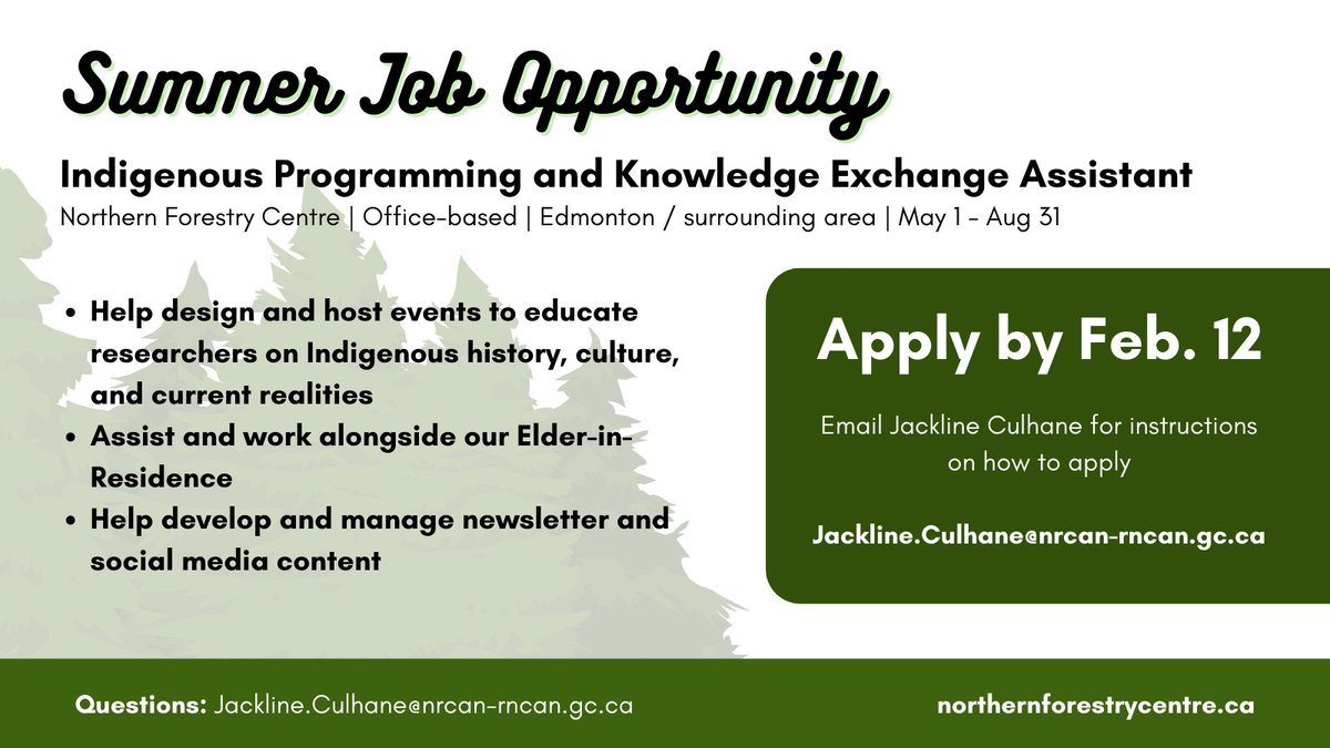 northern_norton's tweet photo. We are hiring a summer student position to support our #Indigenous Programming and Knowledge Exchange at the Northern Forestry Centre! Contact Jackline Culhane to apply by Feb. 12 ⬇️ #StudentJobs #YEGjobs #forestry #SciComm https://t.co/EdSM5eC9Zy