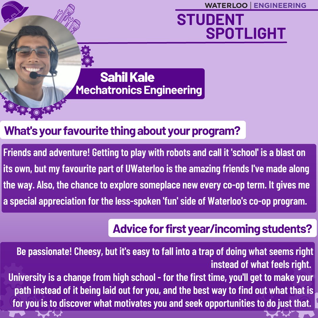 WaterlooENG's tweet image. Today&apos;s #WaterlooEngineering spotlight introduces us to Sahil Kale, 3rd year @UWaterloo Mechatronics Engineering student with a passion for all things robots and airplanes!

Read Sahil&apos;s full spotlight answers - bit.ly/3j25KMt