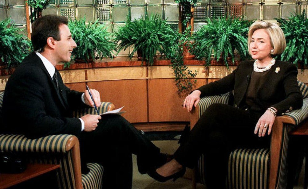 25YearsAgoLive's tweet image. On The Today Show, First Lady Hillary Clinton calls the accusations against her husband (that he had sex with former interns) a “vast right-wing conspiracy.”