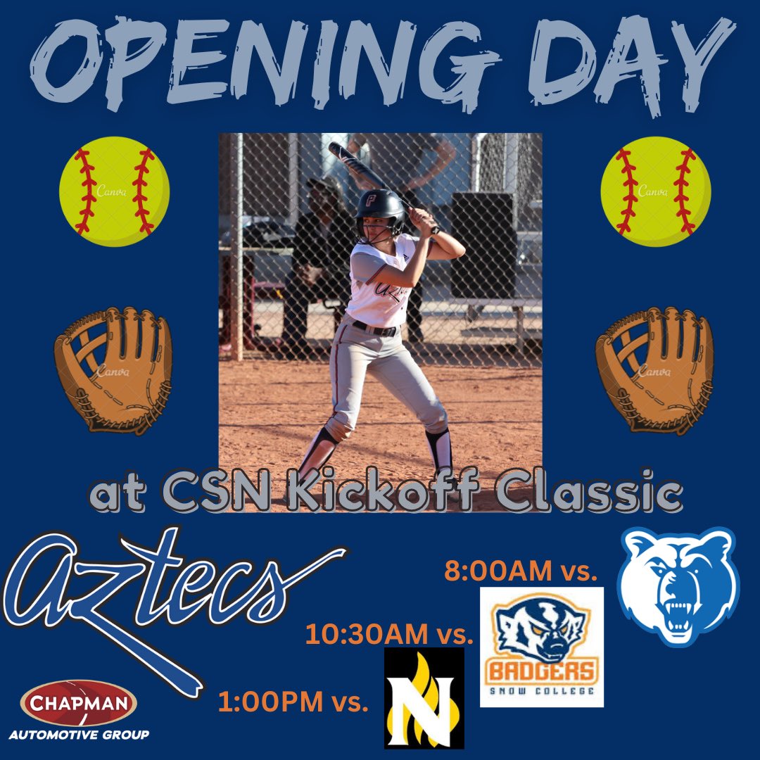 OPENING DAY!!! Aztecs Softball opens the 2023 season part of the CSN Kickoff Classic in Henderson, NV. The Aztecs play Salt Lake CC at 8:00am, then vs. Snow College at 10:30am and close out the day against Northeastern JC at 1:00pm. Analisa Gomez/Photo by a Stephanie van Latum