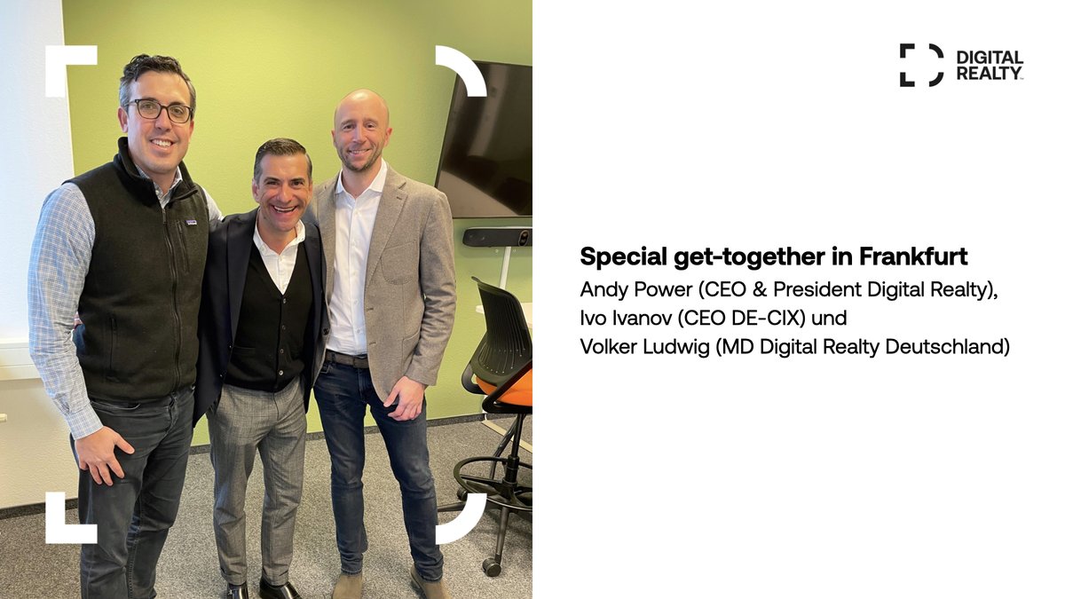 Thanks to Andy and Ivo for today's exchange.  Awesome personalities, special conversations and great networking! To many more exciting projects.
@DECIX #DigitalRealty #WhereTomorrowComesTogether #TheDataMeetingPlace