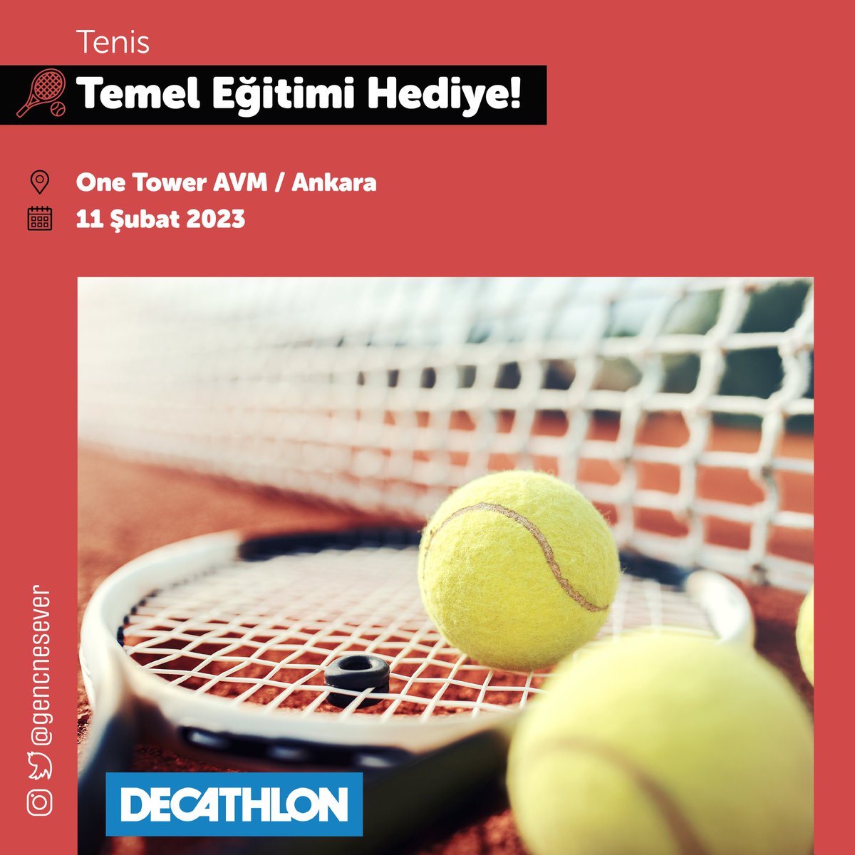 📌 Ankara 🎯 Profesyonel eğitmen eşliğinde temel tenis eğitimine katılmak için gencnesever.com/sporsever/prof… linkine tıklayarak çekilişe kayıt ol! 🤝Decathlon’a GNS platformumuza gösterdikleri destek için teşekkür ediyoruz. #gencnesever #gsb #tenis @decathlonturkey