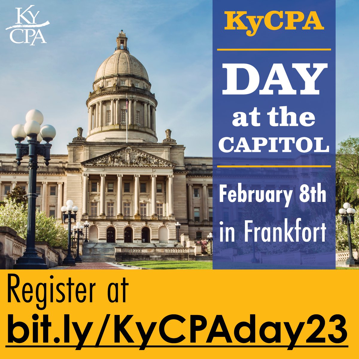 KyCPANews's tweet photo. Join us in Frankfort on Feb. 8 to have your voice be  heard. Register at https://t.co/wgpYzqCfMq 
KyCPA staff, legislators, and policy makers come together at Kentucky's Capitol Building to discuss issues that are related to the CPA profession in KY.
#CPA #Kentucky #Frankfort https://t.co/tgkbxBtcx1