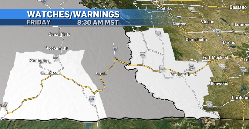 The on again off again snow kicked off in the overnight and will continue to hang around this morning, at times in the afternoon and this evening as well. The only official snowfall warning is Pincher Creek and Cranbrook on the BC side.
