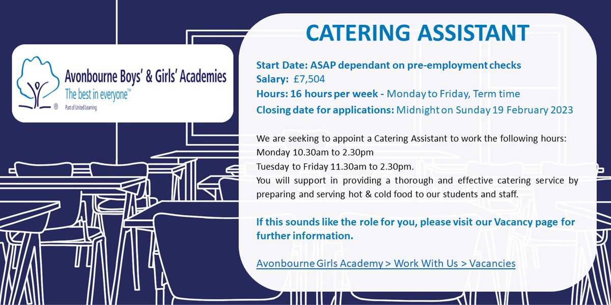 AvonbourneUL's tweet photo. A vacancy has become available in our fantastic catering team!  Please see our website if you think this is the role for you. https://t.co/zbIeTDpLGD

#Termtimejob #cateringassistant https://t.co/8dUlcQ4BAC