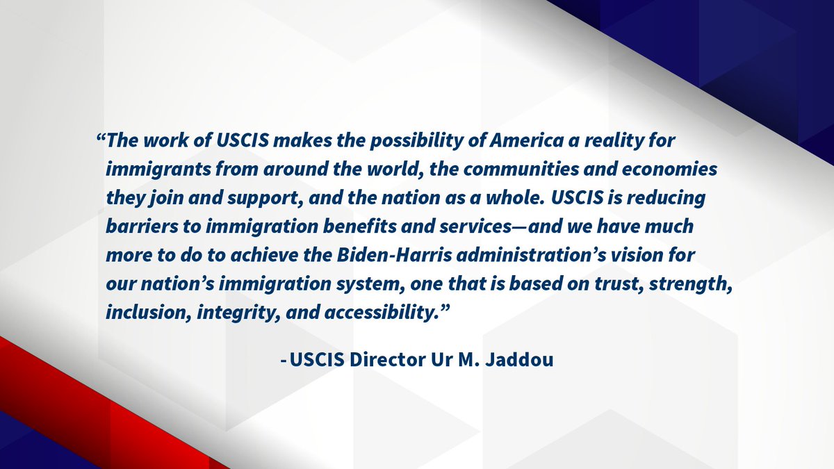 USCIS released its FY 2023-2026 Strategic Plan. The plan is grounded in USCIS’ longstanding purpose and core values in support of a meaningful commitment to make the U.S. a stronger, more inclusive, and welcoming nation. 

Learn more: uscis.gov/sites/default/…