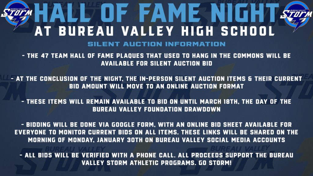 Important information regarding Bureau Valley High School Hall of Fame Night &amp; silent auction can be found below. Join us in the Storm Cellar tonight for this special event! #StormPride