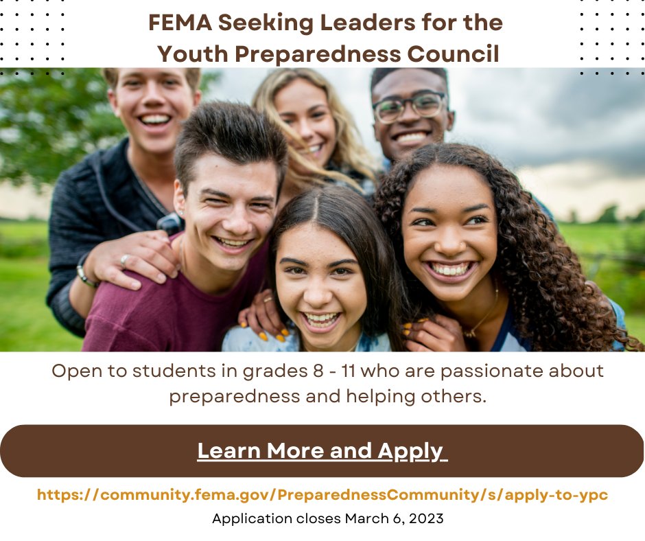 Share this leadership opportunity with the teens in your life. Learn more and apply community.fema.gov/PreparednessCo…