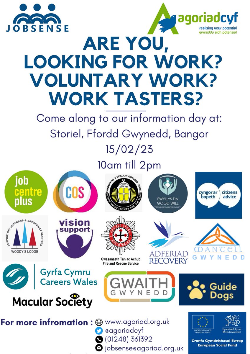 agoriadcyf's tweet photo. @JobsenseWales will be hosting an information event @StorielBangor  on Wednesday 15/02/23 between 10am - 2pm. Come along to meet organisations that can help you and find out more about how we can support you with training, volunteering or employment. #jobs #training #volunteering https://t.co/YxOoAg9f7m