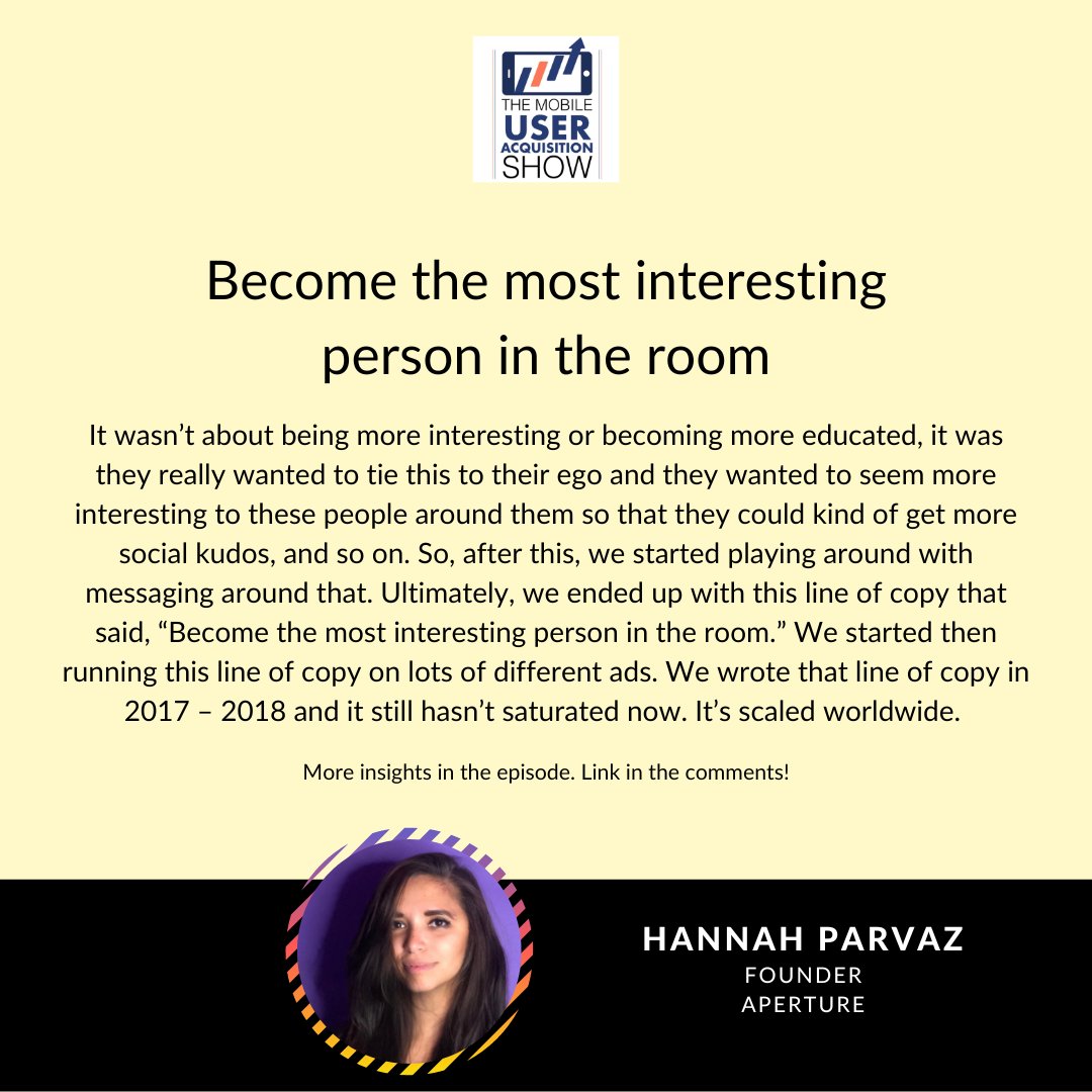 To attract users to your app, you need to appeal to their subconscious desires.

Hannah Parvaz of Aperture talks about how they arrived at this insight for a time-tested message for Curio. By delving into the desires of their intended audience.

More: mobileuseracquisitionshow.com/episode/custom…