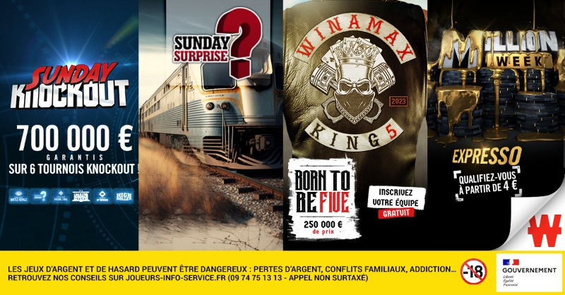 Winamax's tweet photo. Ce week-end sur Winamax :
🥊 On s'envoie des gnons sur le #SundayKnockout.
🇺🇸 Un #SundaySurprise East Coast.
🏍️ Les inscriptions #KING5 sont ouvertes.
🤑 Qualifiez-vous pour la #MillionWeek.