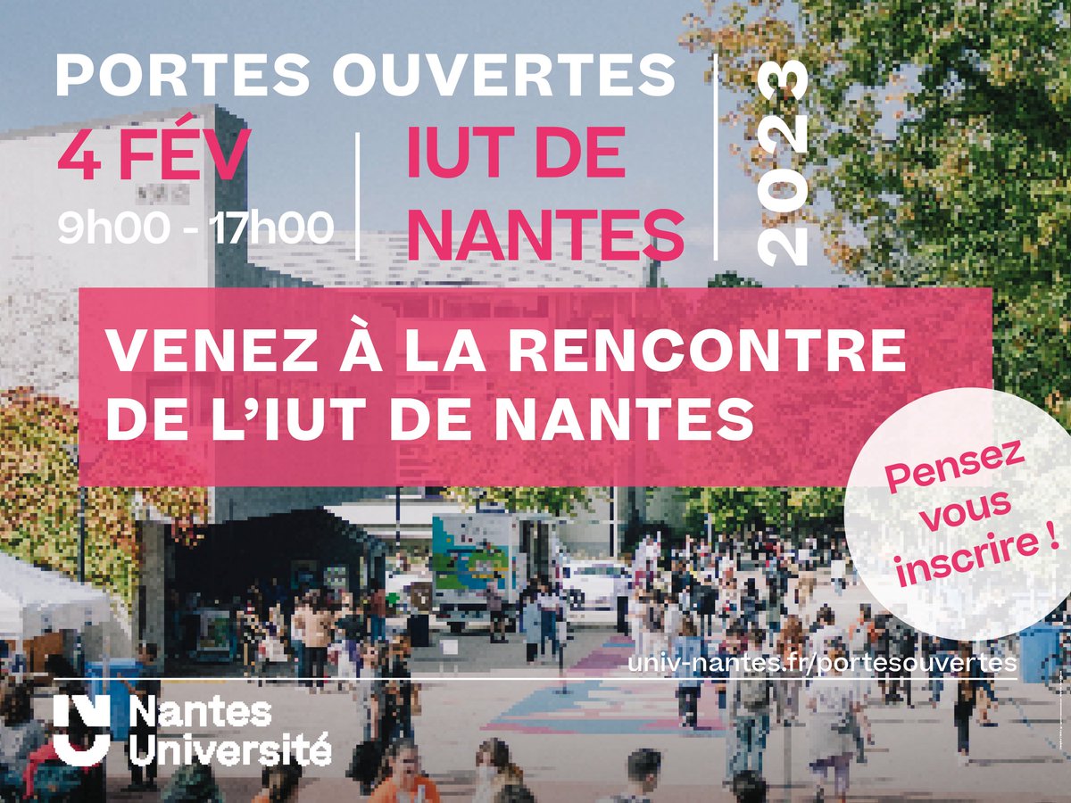 #Portesouvertes - 🎓 L'IUT de Nantes propose des temps d'informations, d'échanges, de rencontres et de découvertes à l'occasion de ses portes ouvertes organisées en présentiel sur ses campus.

Pensez à vous pré-inscrire 👉 eventbrite.fr/e/billets-insc…