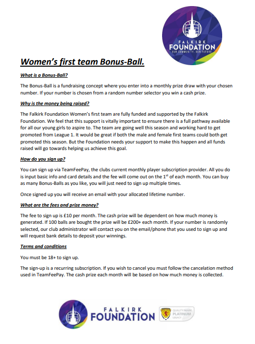 falkirkfcf's tweet photo. Sign up to Falkirk Foundation Women's Bonus Ball here - https://t.co/OxaxnpC4LJ 🤑

The Bonus Ball will help raise vital funds that be reinvested into the Girls' and Women's pathway to aid the Women's teams promotion push and strengthen the full pathway⚽

More information here👇 https://t.co/N3nXMWeA0T
