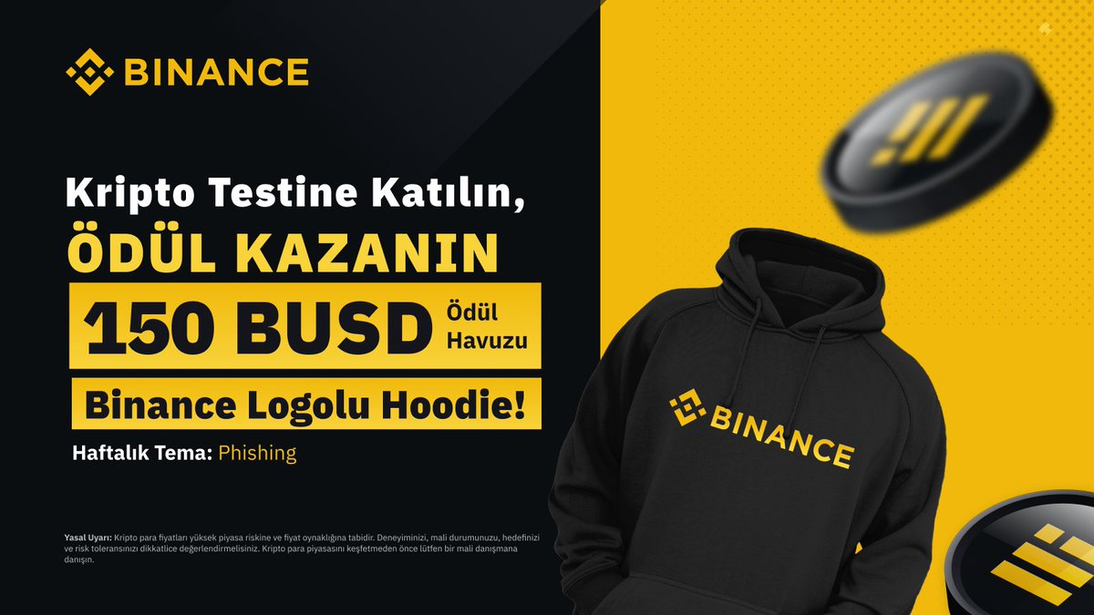 #Binance'de Kripto Quiz'e katılın, 150 $BUSD değerinde ödül ve #Binance Hoodie kazanın. 🎁

🔸 Bizi ve <a href="/BinanceTR/">Binance TR</a>'yi takip edin.
🔸 Bu Tweet'i beğenin ve #ÖdüllüKriptoTesti hashtagiyle RT'leyin.
🔸 Kripto testine katılın👇
bit.ly/kriptotestinek…
​​​​​​​
Haftanın konusu: Phishing