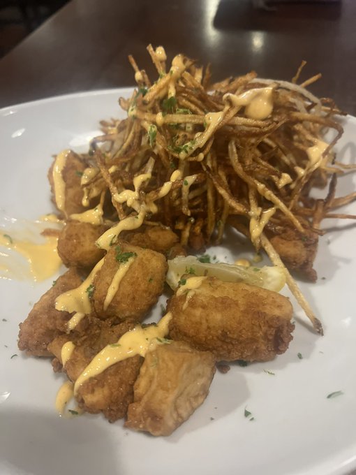 Fried Green Tomatoes, Mahi Mahi Bites, and for the entree, Blackened Mahi Mahi on cheesy grits with collard<a href="/tag/onlyfansbabe"class="tags"><span>#onlyfansbabe</span></a>