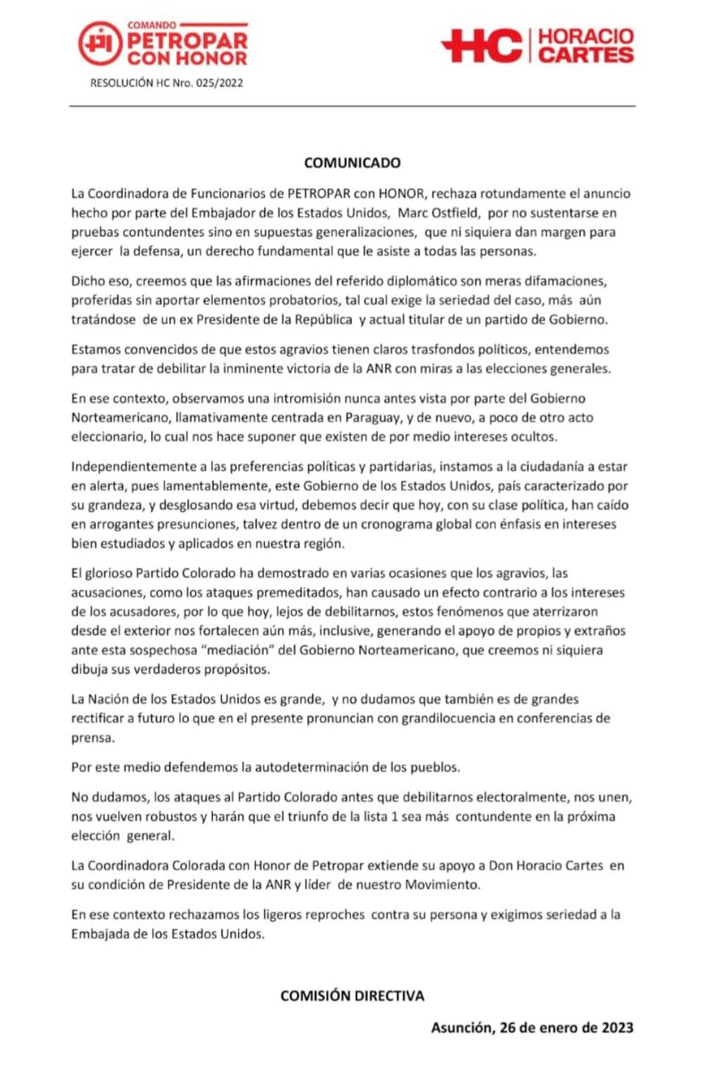 Rocío La Negra 🏅🏅🏅🏅🏅🏅 (@rocio_la_negra) on Twitter photo La Coordinadora de Funcionarios de Petropar con HONOR emite un comunicado tras el anuncio de <a href="/laembajada/">Embajada de EE.UU.</a> La Coordinadora de Funcionarios de Petropar con HONOR emite un comunicado tras el anuncio de <a href="/laembajada/">Embajada de EE.UU.</a>