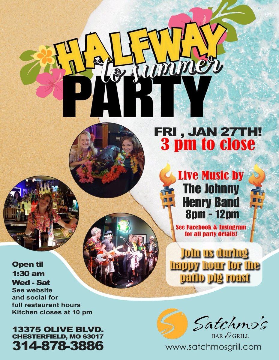 Satchmosgrill's tweet photo. Our biggest event of the year kicks off at 3 pm today, with our annual patio pig roast, tiki drinks, giveaways, live music by the Johnny Henry Band and more! Who's ready to shake off those winter blues!! https://t.co/R9HylsTBPe