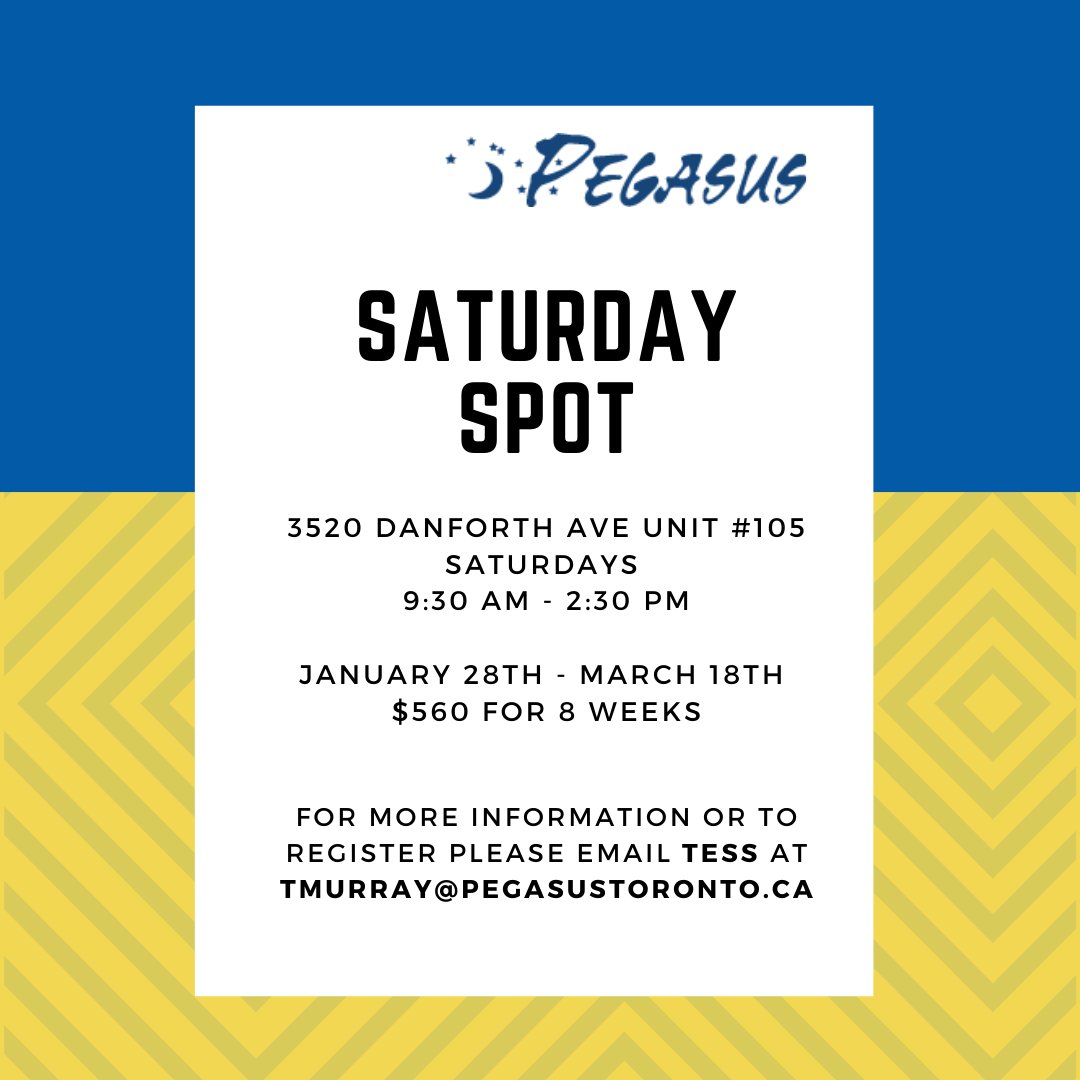 Pegasus_Toronto's tweet photo. Tomorrow is the first day of our new Saturday program - the Saturday Spot at our Danforth location.
E-mail Tess at tmurray@pegasustoronto.ca for more information.
#NewDayProgram #SatrudaySpot #Danforth #AdultsWithDisabilities #DayProgram #NonProfitOrganization https://t.co/Nmfy2rKqT5