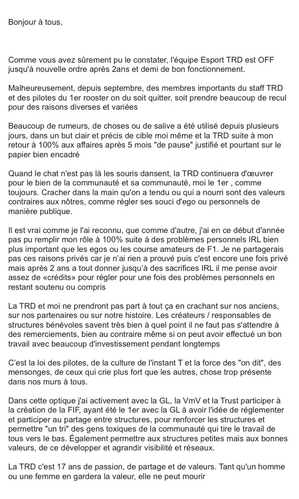 TRD_Community's tweet photo. Communiqué sur les derniers événements relatifs à la TRD et l’équipe Esport TRD https://t.co/Zz4OXQiSW7