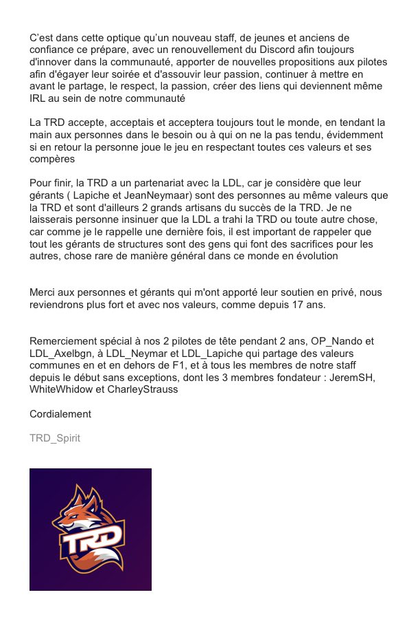 Communiqué sur les derniers événements relatifs à la TRD et l’équipe Esport TRD