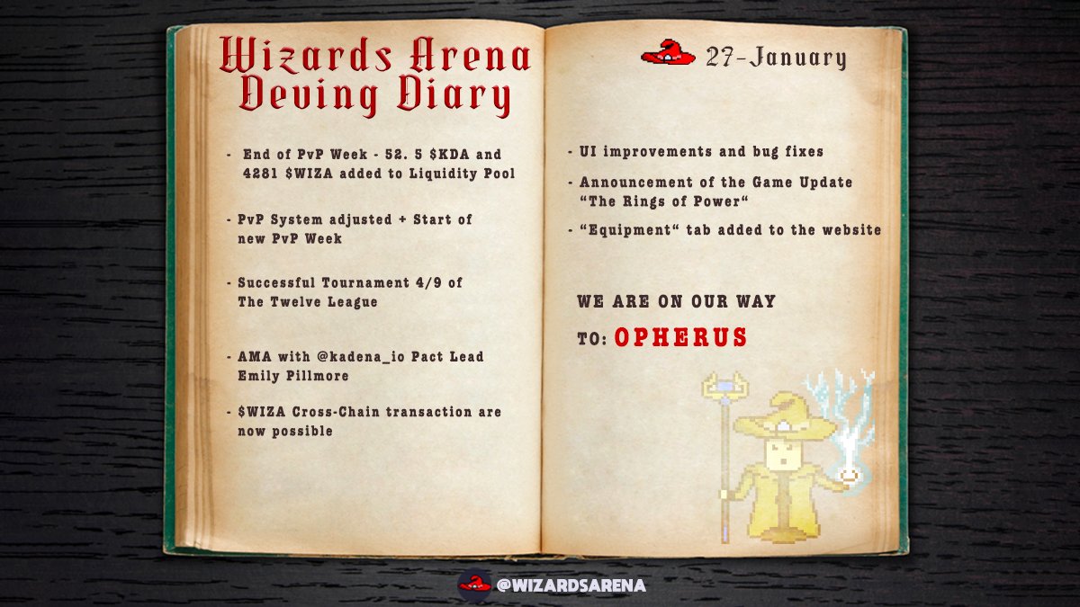 WizardsArena's tweet photo. Hey Wizards and @kadena_io frens!

To wrap up this week here our
Wizards Arena Deving Diary!🧙‍♂️🪄💻

FINALLY THE GAME UPDATE! 🥳

Have a nice weekend and see you on Monday!💍

⚠️Today our amazing Archmage added a Replay function for your fights!✨

#Crypto #Kadena 
#NFT #Web3Game https://t.co/jmevMSWz0H