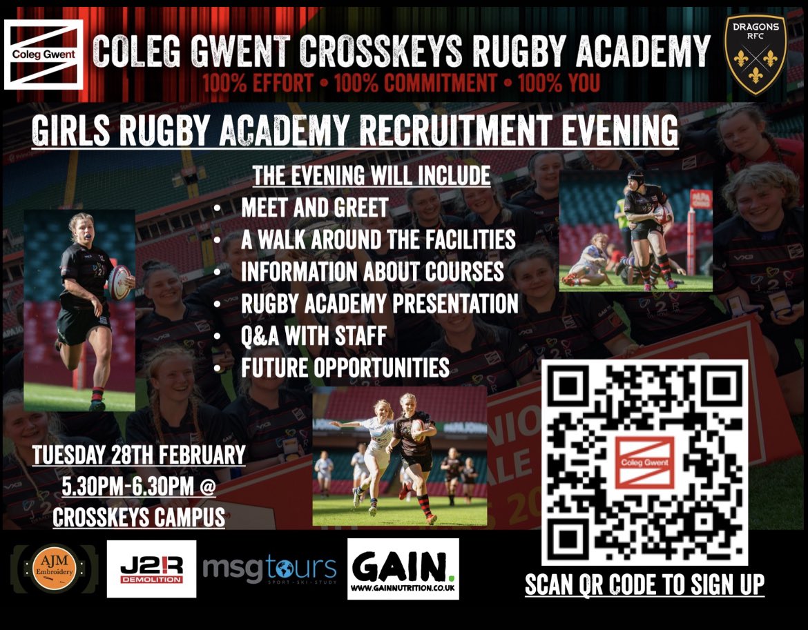 Girls of Gwent Rugby Academy (@coleggirls) on Twitter photo A fantastic opportunity for all current year 11 learners to visit the home of the <a href="/coleggwent/">Coleg Gwent</a> Girls rugby academy, meet the coaches, see the facilities and gain knowledge of the course the college has to offer. <a href="/ScottyM67/">Scotty</a> <a href="/CarrickMcDonou1/">Carrick McDonough</a> <a href="/martyncooke19/">Martyn Cooke</a> <a href="/Dragons_Academy/">Dragons Academy</a> A fantastic opportunity for all current year 11 learners to visit the home of the <a href="/coleggwent/">Coleg Gwent</a> Girls rugby academy, meet the coaches, see the facilities and gain knowledge of the course the college has to offer. <a href="/ScottyM67/">Scotty</a> <a href="/CarrickMcDonou1/">Carrick McDonough</a> <a href="/martyncooke19/">Martyn Cooke</a> <a href="/Dragons_Academy/">Dragons Academy</a>