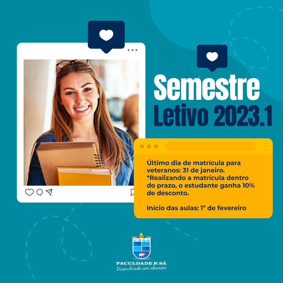 faculdade_rsa's tweet photo. As matrículas para o semestre 2023.1 seguem até o dia 31 de janeiro. Acesse o Aluno Online e faça já a sua! As aulas terão início no dia 1º de fevereiro.

#FaculdadeRSA #Picos https://t.co/OThqZIeSrv