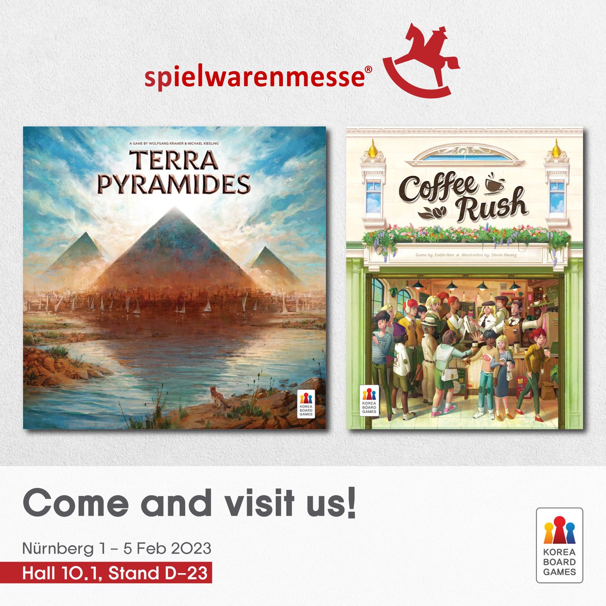 KoreaBoardgames's tweet photo. Let's meet in #Spielwarenmasse 2023!
Visit our booth and play with us our novelties: #TerraPyramides and #CoffeeRush!
Our booth: Hall 10.1, D-23
Location: Nuremberg Exhibition Center
Date: 1-5 February 2023 https://t.co/lh2mrR2vi5