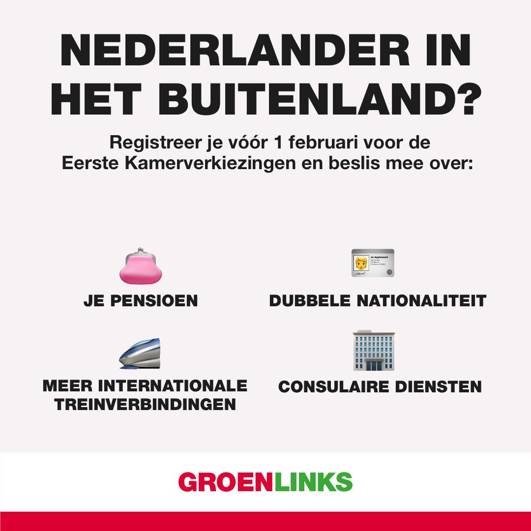 In maart mogen Nederlanders in het buitenland voor het eerst stemmen voor de Eerste Kamer, via het Kiescollege niet-ingezetenen!

Woon je in het buitenland? Registreer je vóór 1 februari, ook als je dat eerder voor de Tweede Kamerverkiezingen hebt gedaan: bit.ly/3QIOYyd