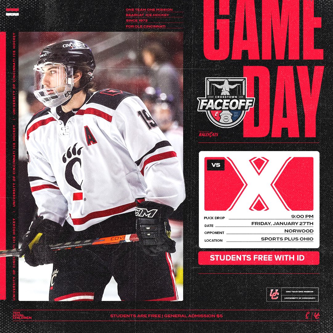 GAMEDAY

The #Bearcats will take on the team from Norwood for the first of two games in the 2023 Crosstown Faceoff this weekend. Students are free tonight! General admission $5.

📍: Sports Plus Ohio
⏰: 9:00 PM
⚫️: Wear Black

bearcat-hockey.ticketleap.com

#RunThisTown #1Team1Mission