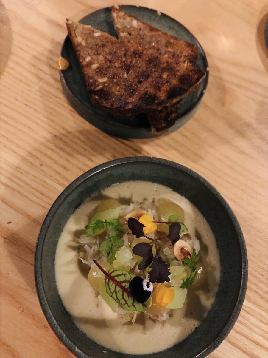 PennyJBarr's tweet photo. What a cracking #dinner at #HeronRestaurant last week - after some time out for reflection I've decided my #stardish was crab with celeriac, green apple and dense, dark rye bread. Tip of the hat to delicious hot, damp bread with dreamy crab butter too. (I like crab. And bread.) https://t.co/vfGpHb49Xu