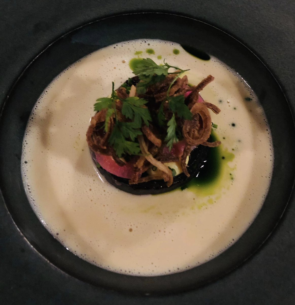 PennyJBarr's tweet photo. What a cracking #dinner at #HeronRestaurant last week - after some time out for reflection I've decided my #stardish was crab with celeriac, green apple and dense, dark rye bread. Tip of the hat to delicious hot, damp bread with dreamy crab butter too. (I like crab. And bread.) https://t.co/vfGpHb49Xu