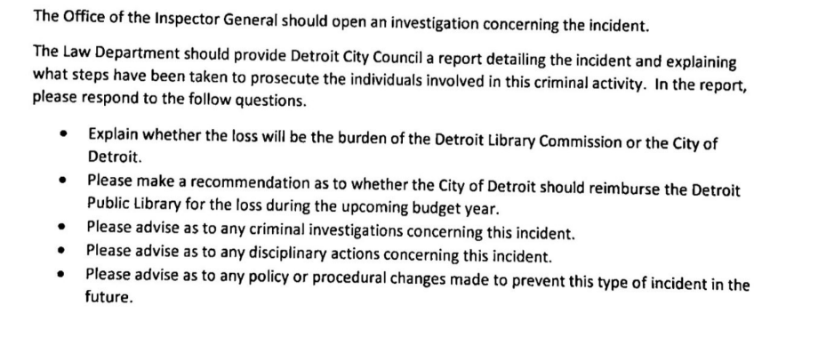 MalakSilmi's tweet photo. Following media reports, Detroit City Councilmember Angela Whitfield Calloway sent a request to the inspector general and corporation counsel offices to urge an investigation into the Detroit Public Library fraud.

Some of the questions she wants answered are below: https://t.co/XzJqks7GAV