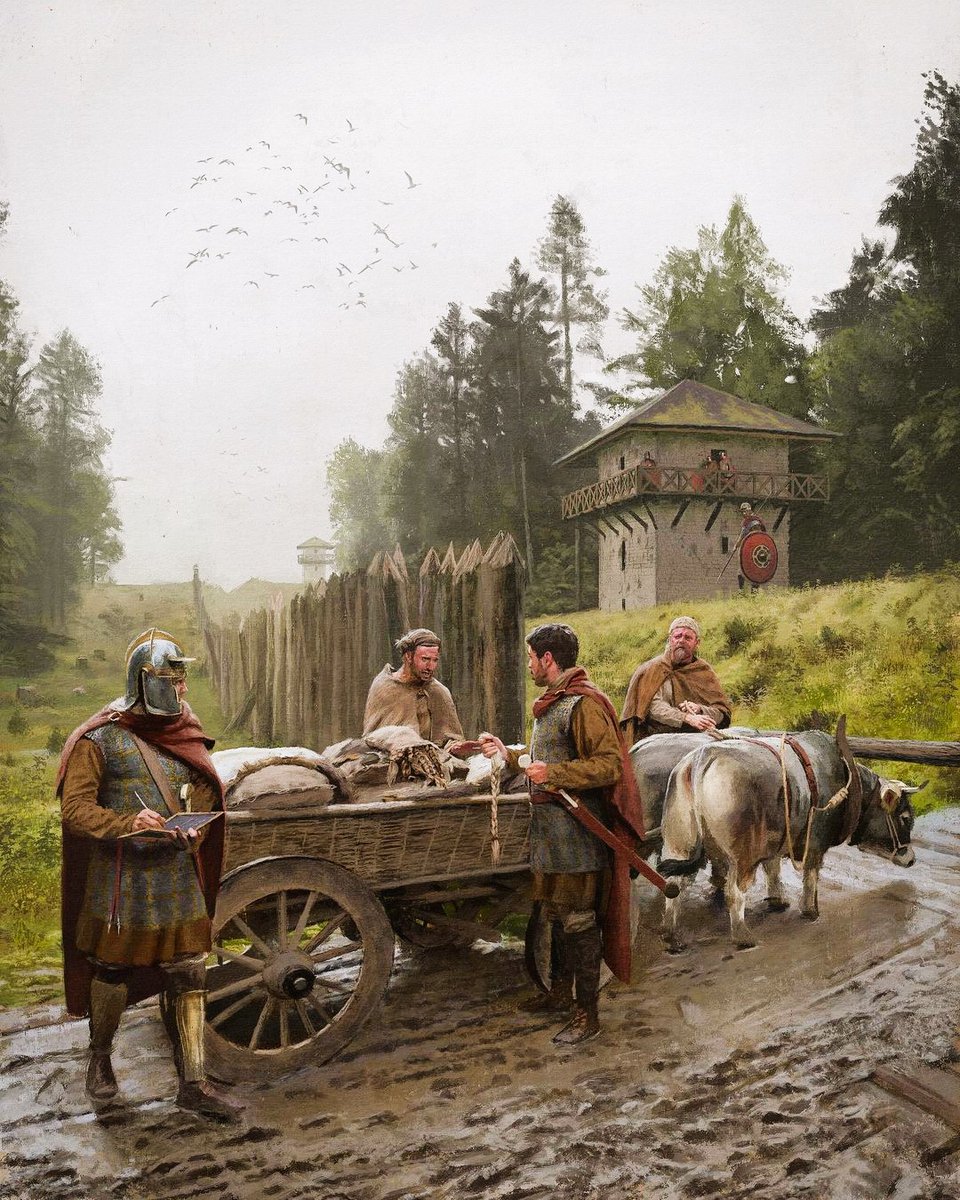 Nice image I saw floating around aimlessly on FB
'Checkpoint at limes' the artist is J. Goetze.
'Limes' being a frontier or 'limit' the kit worn by the Roman soldiers, mostly the officer's helmet indicates this is in the 3rd century C.E. and that they could be equites of auxilia