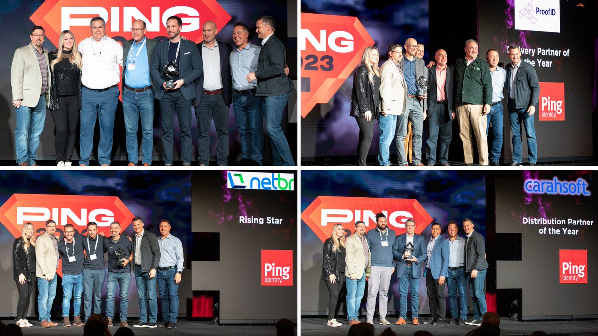 pingidentity's tweet photo. 🦸 At #PingSKO2023, we honored our partners, the true heroes behind our success. The 2022 Partner of the Year awards winners are: ProofID, AWS, Netbr, Carahsoft, Optiv, Versent, Deloitte. A big thank you to all our partners for being the backbone of our mission. #PingPartner https://t.co/Wof7Ps9hzx