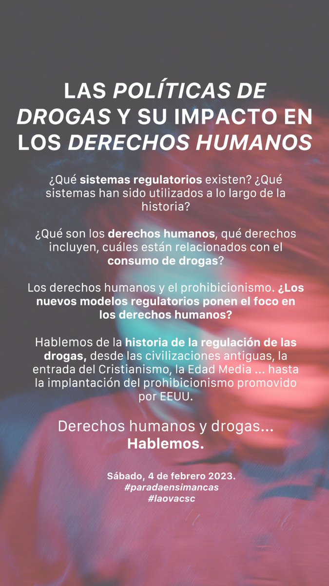 laovaclub's tweet photo. "LAS POLÍTICAS DE DROGAS Y SU IMPACTO EN LOS DERECHOS HUMANOS"
Hablemos de la historia de la regulación de las drogas, desde las civilizaciones antiguas, la entrada del Cristianismo, la Edad Media,hasta la implantación del prohibicionismo promovido por EEUU
En #Simancas
#LaOvaCSC https://t.co/CP7CWVLhcm