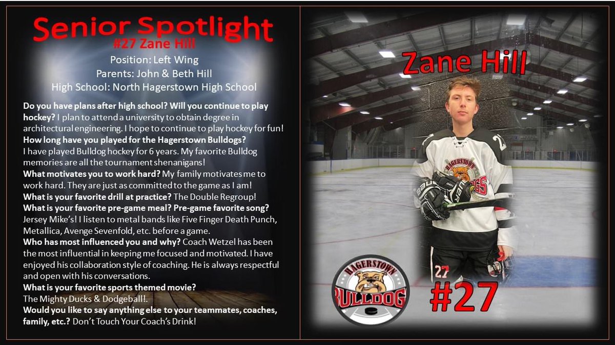 Hey Bulldogs...check our our Senior Spotlight! We are pleased to recognize #27 - Zane Hill in our HYHA Senior Spotlight this week!