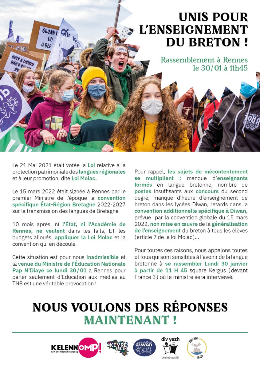 Diwan's tweet photo. 📣 Bodadeg e Roazhon d'an 30/01 da 11e45 !
Unanet evit kelenn ar brezhoneg hag e #brezhoneg !
📣 Rassemblement à Rennes le 30/01 à 11h45 !
Unis pour l'enseignement du et en breton !
@KevreBreizh @kelennomp @DivYezhBreizh #Divaskell https://t.co/oKRh7JHssk