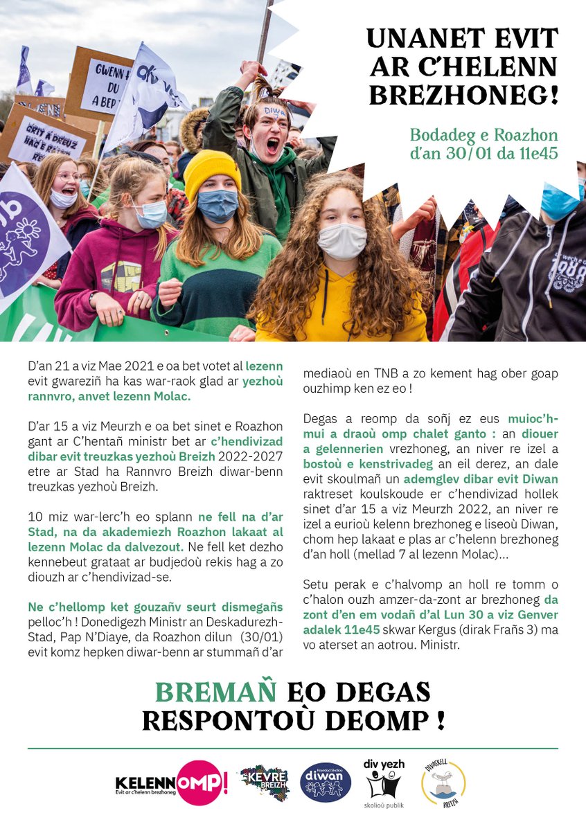 Diwan's tweet photo. 📣 Bodadeg e Roazhon d'an 30/01 da 11e45 !
Unanet evit kelenn ar brezhoneg hag e #brezhoneg !
📣 Rassemblement à Rennes le 30/01 à 11h45 !
Unis pour l'enseignement du et en breton !
@KevreBreizh @kelennomp @DivYezhBreizh #Divaskell https://t.co/oKRh7JHssk