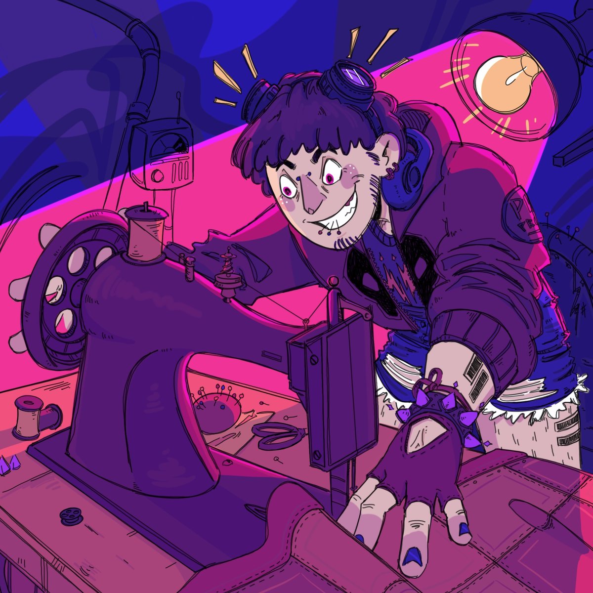 PatchworkZine's tweet photo. Glimpse from the upcoming February issue cover, illustrated by Amelia Board / @bored_amelia 

#comiczine #sequentialart #patchworkzine #comics #coverart #sewing #illustration #neonpink #scadseqa https://t.co/ivNQU2pjb4