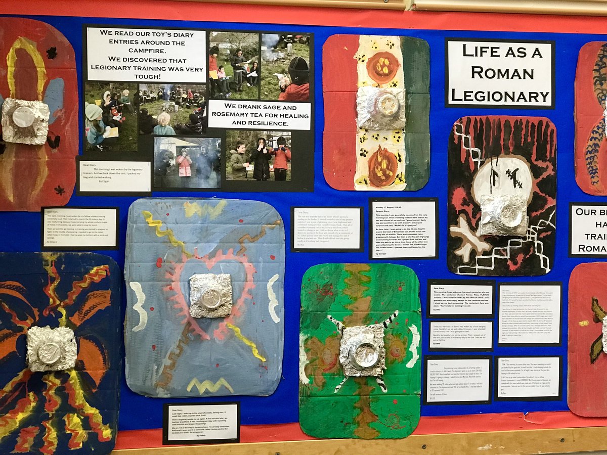 Year 4 ⁦@ReayPrimary⁩ have completed their colourful Roman shields which are now brightening up our classroom ❤️💚💙💛🖤 #creativeschool #primaryart #kidsart #ancientrome #primaryhistory #artteacher #primaryteacher