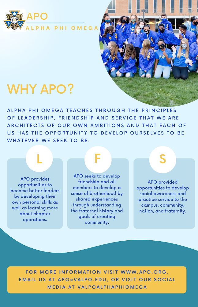 ValpoAPO's tweet photo. APO recruitment dates are February 6th- 17th
We will have many fun recruitment events!
Comment with questions!
#APO https://t.co/cetzBokfrZ