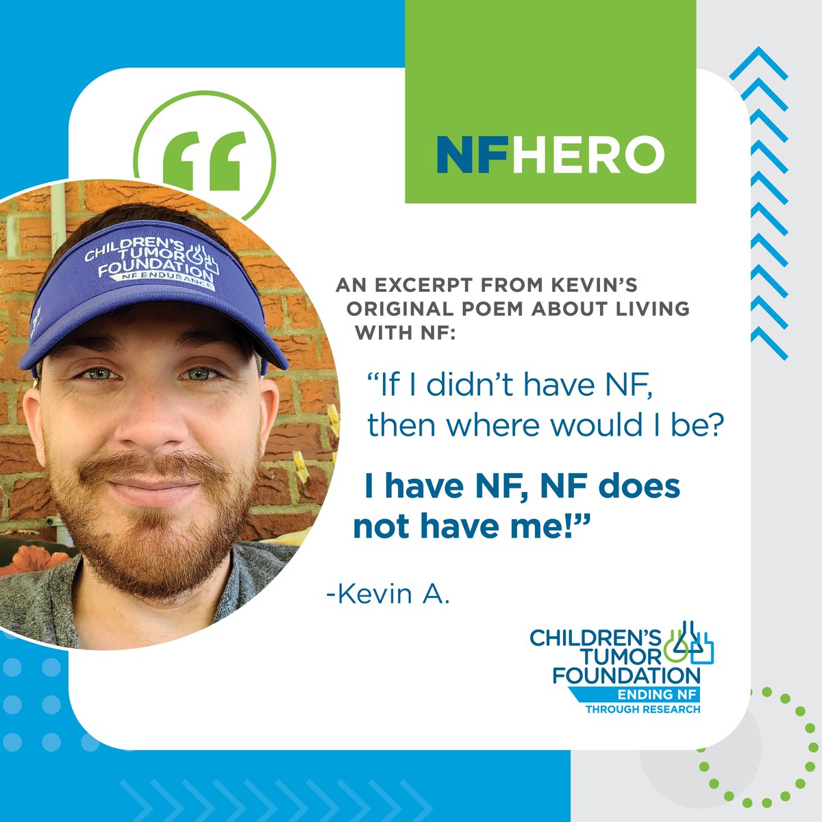 ChildrensTumor's tweet photo. Kevin A., diagnosed w/ neurofibromatosis type 1 (NF1) not long after birth, takes things day by day. That's led him to 5K walks, NF Camp, Cupid's Undie Run, online support groups - &amp; creative writing!

https://t.co/jmRsjfi6k0

Share your own Story of NF at https://t.co/iriaBicqXM https://t.co/zzmlfYSXrp