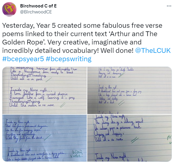TheLCUK's tweet photo. Happy Friday! Another week over already, which means it's #WorkerOfTheWeek time again! This week #TeamLitCo wants to say a massive well done to Year 5 at @BirchwoodCE! These spooky poems feature a wide range of vocabulary and plenty of fantastic similies - we are so impressed! 🤩 https://t.co/AKmAf2APZy